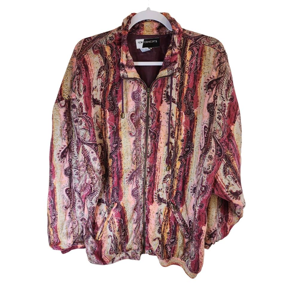 NEW CONCEPTS 100% Silk Red Paisley 90s Style Print Zip Up Jacket Womens XL